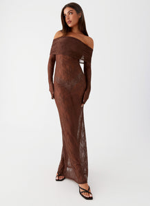 Womens Nadia Lace Maxi Dress in the colour Chocolate in front of a light grey background