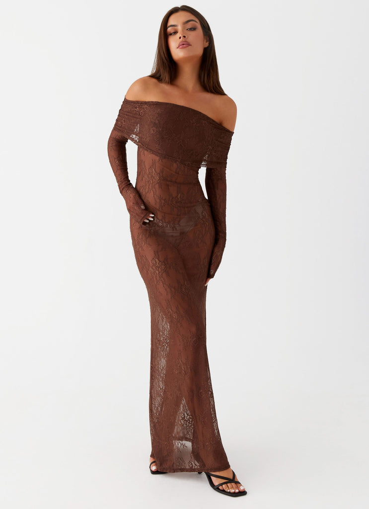 Womens Nadia Lace Maxi Dress in the colour Chocolate in front of a light grey background