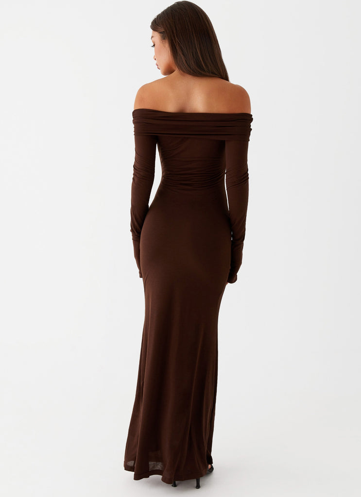 Womens Cocoa Long Sleeve Maxi Dress in the colour Chocolate in front of a light grey background