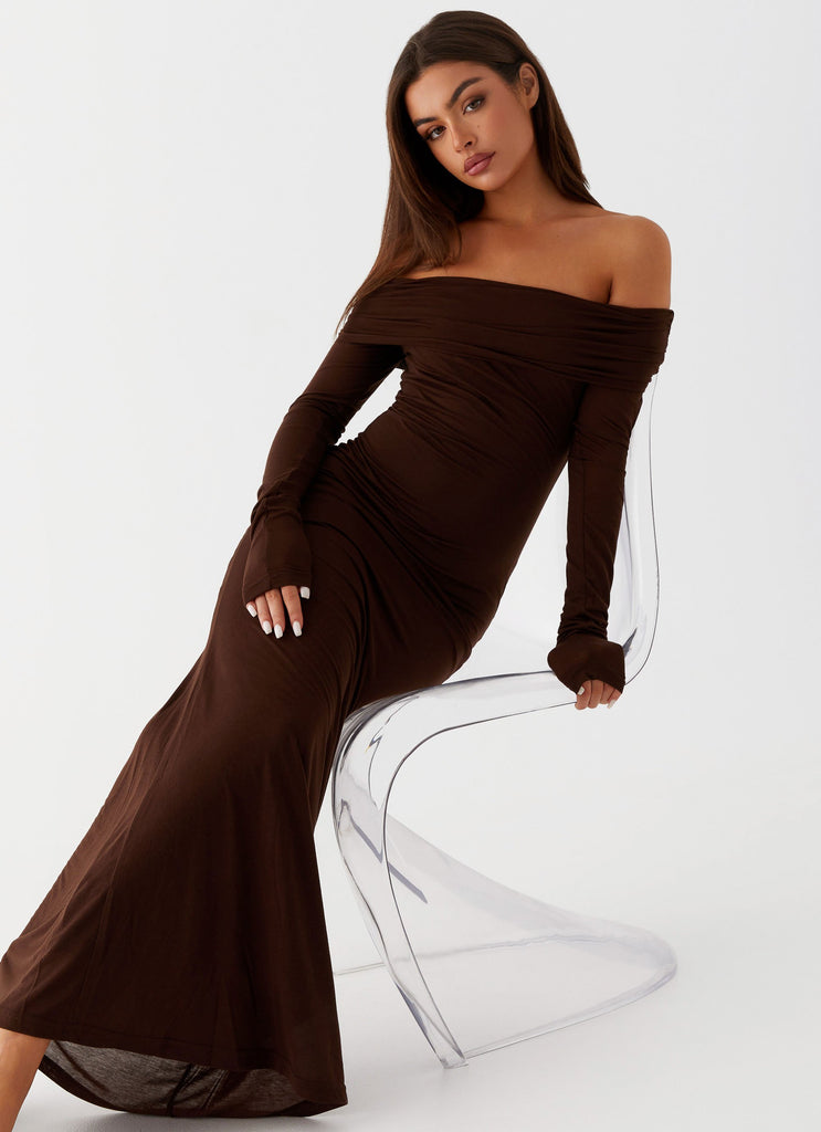 Womens Cocoa Long Sleeve Maxi Dress in the colour Chocolate in front of a light grey background