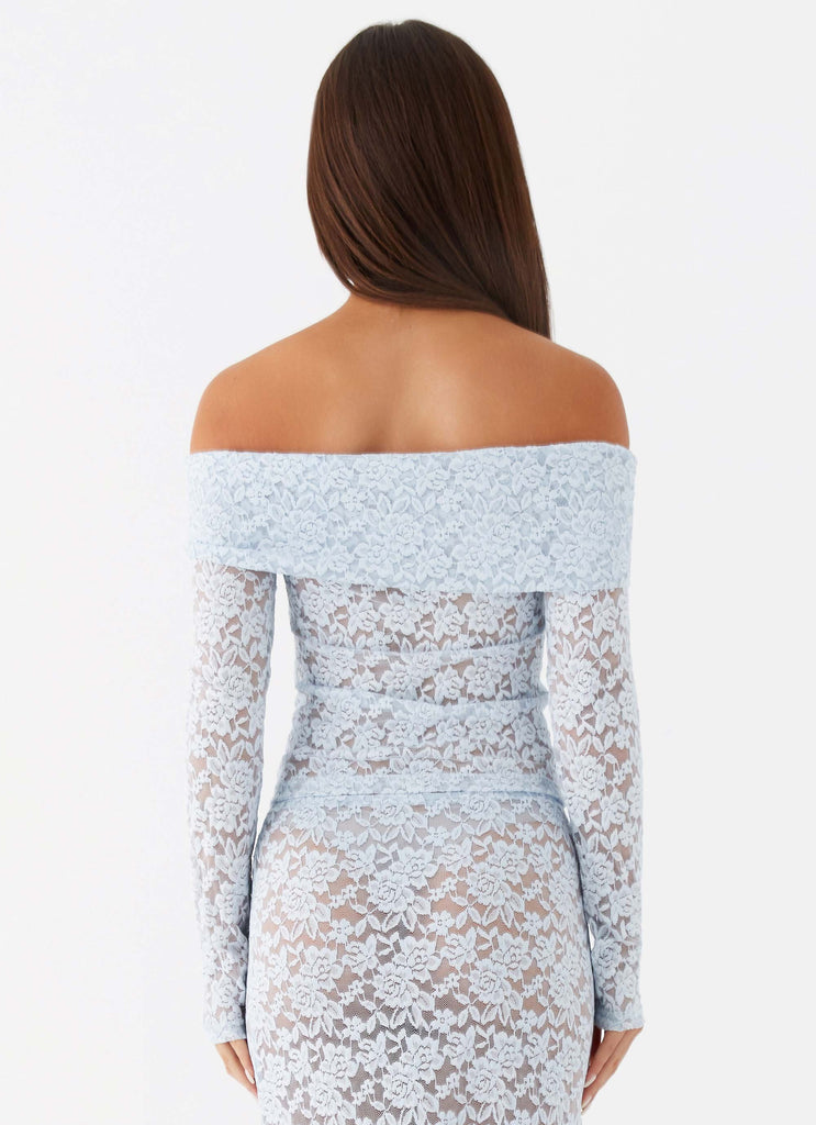 Womens Zephyra Lace Long Sleeve Top in the colour Blue Cloud in front of a light grey background