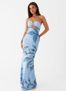 Womens Tropicana Maxi Dress in the colour Blue Floral in front of a light grey background