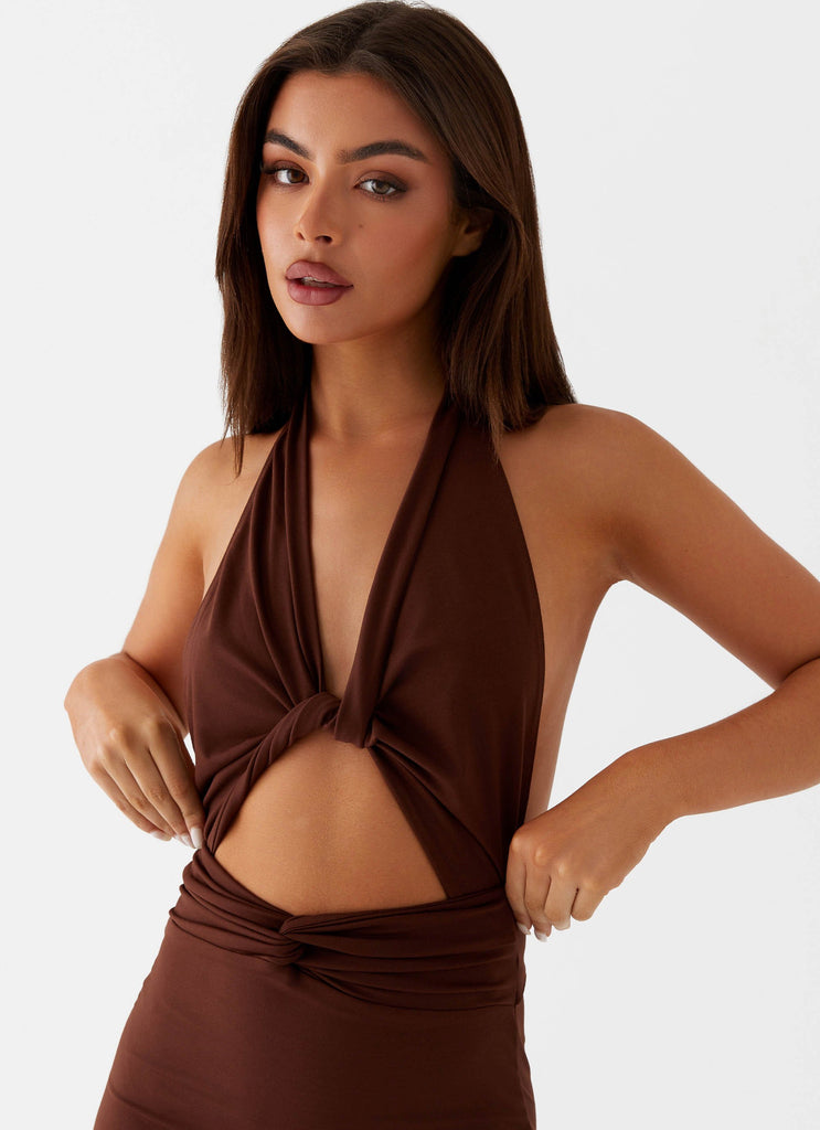 Womens Carolina Twist Maxi Dress in the colour Chocolate in front of a light grey background