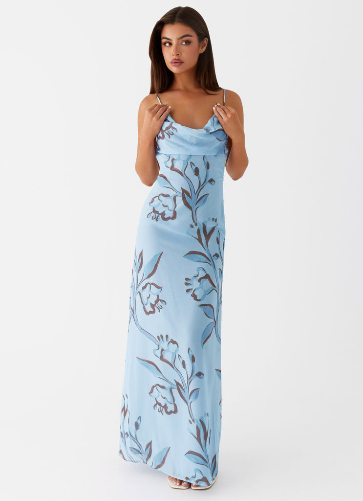 Womens Felicia Daisy Maxi Dress in the colour Blue Floral in front of a light grey background