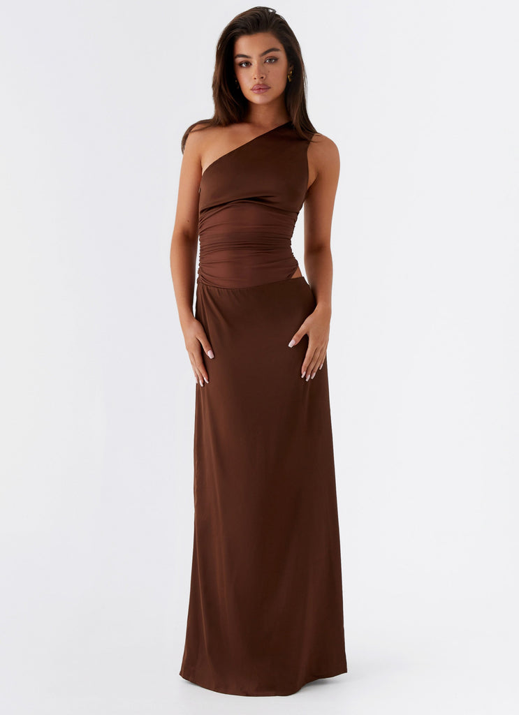 Womens Juliette Maxi Dress in the colour Chocolate in front of a light grey background