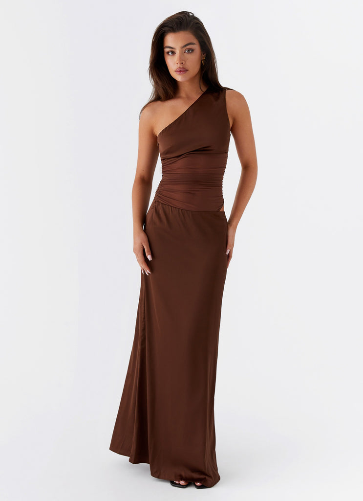 Womens Juliette Maxi Dress in the colour Chocolate in front of a light grey background