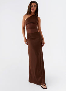 Womens Juliette Maxi Dress in the colour Chocolate in front of a light grey background