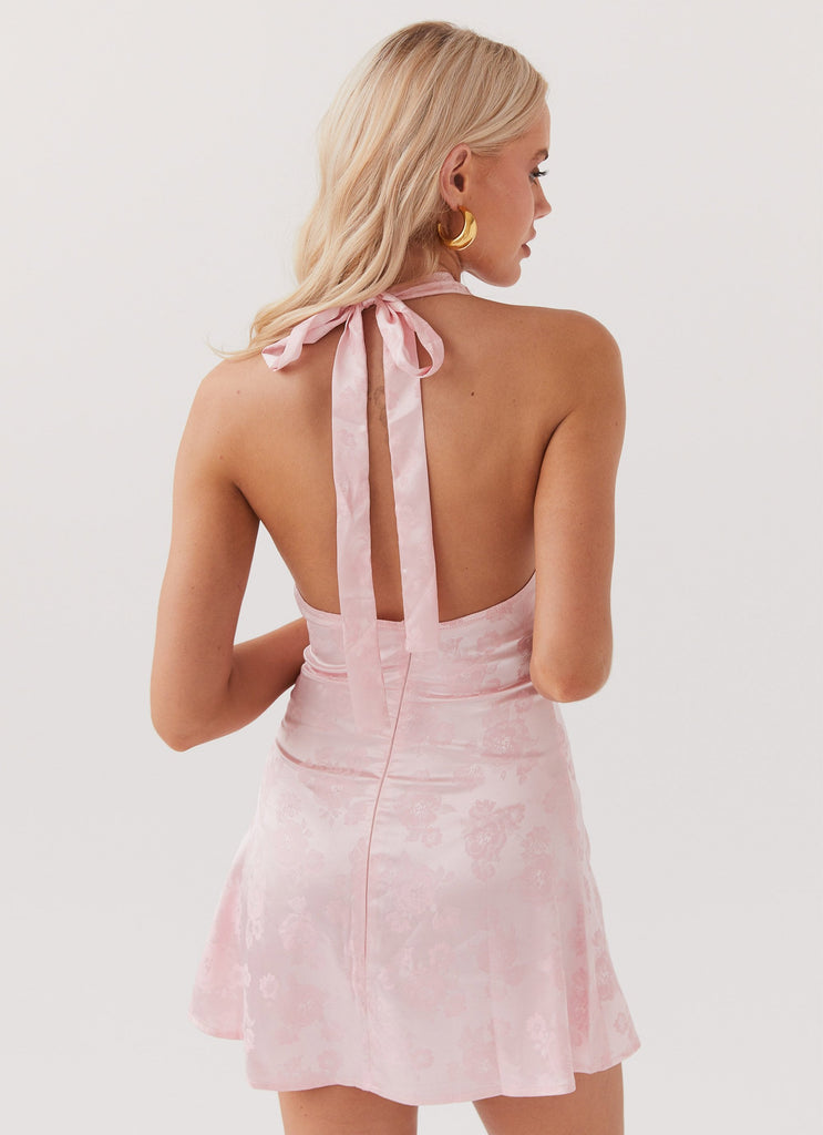 Womens Amalina Halterneck Mini Dress in the colour Peony Pink in front of a light grey background