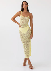 Womens Leona Lace Maxi Dress in the colour Canary in front of a light grey background