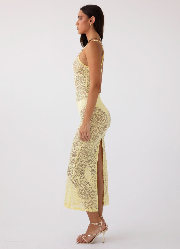 Womens Leona Lace Maxi Dress in the colour Canary in front of a light grey background