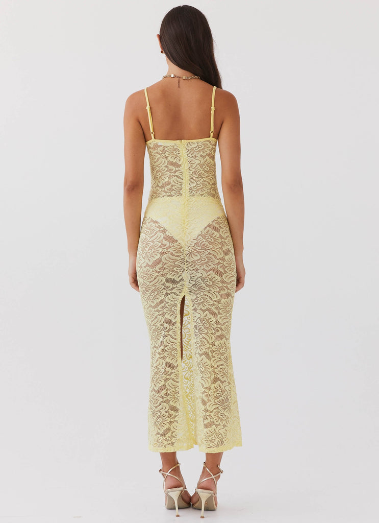 Womens Leona Lace Maxi Dress in the colour Canary in front of a light grey background