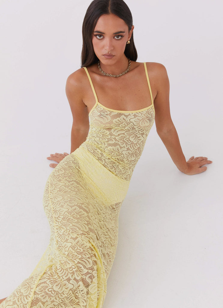 Womens Leona Lace Maxi Dress in the colour Canary in front of a light grey background