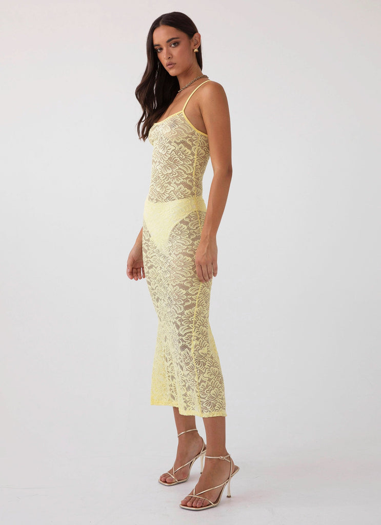 Womens Leona Lace Maxi Dress in the colour Canary in front of a light grey background