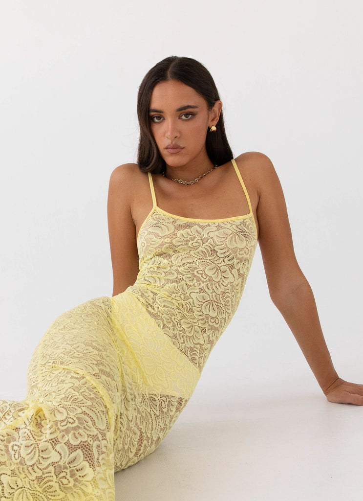 Womens Leona Lace Maxi Dress in the colour Canary in front of a light grey background