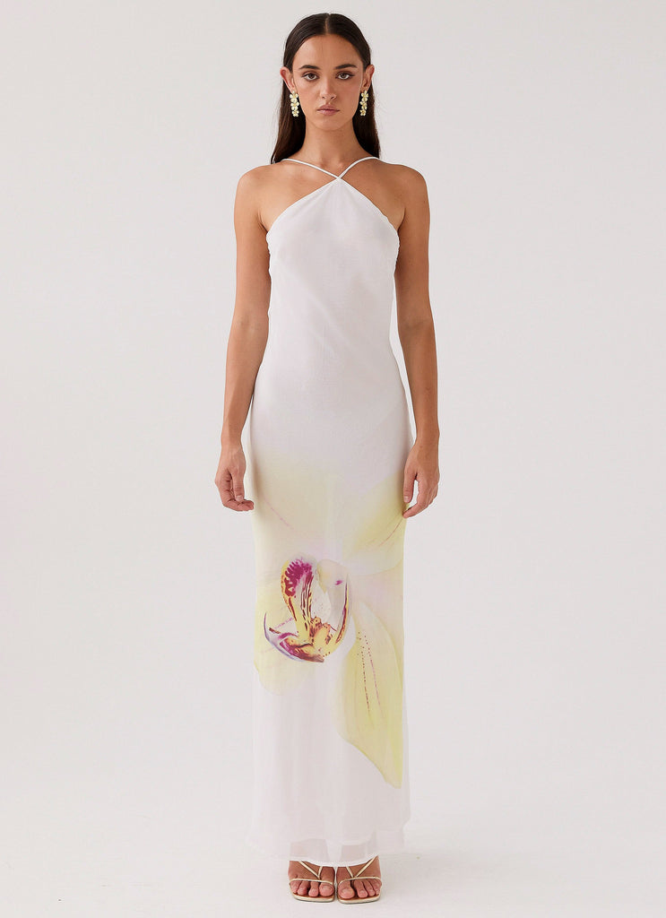 Womens Blossom Hearts Maxi Dress in the colour Hydrangea in front of a light grey background