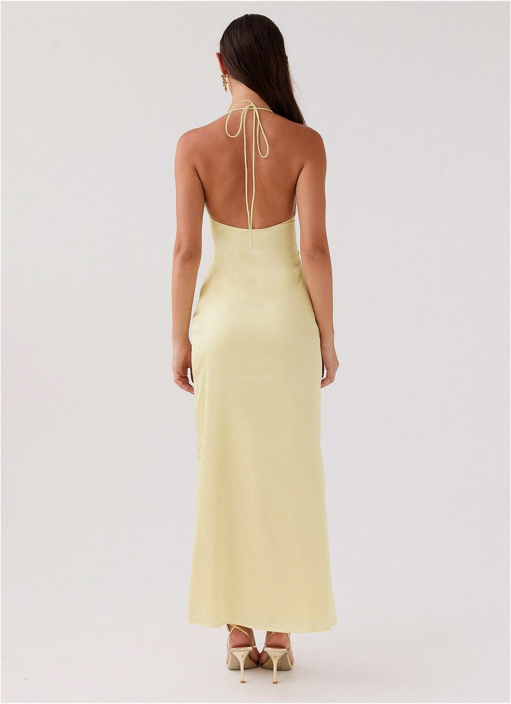 Womens Dream Sight Lace Satin Maxi Dress in the colour Lemon in front of a light grey background