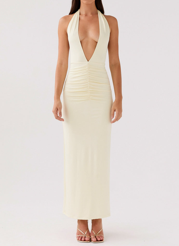 Womens Whisked Away Halterneck Maxi Dress in the colour Canary in front of a light grey background