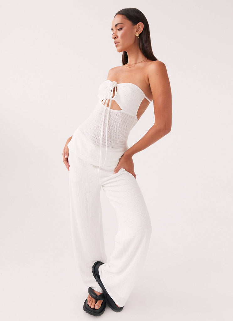 Womens Jadey Strapless Waffle Top in the colour White in front of a light grey background