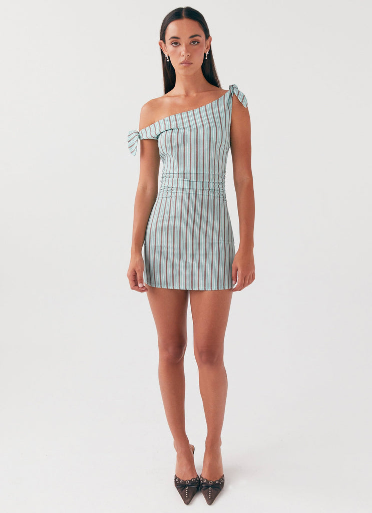 Womens Amazonia Linen Mini Dress in the colour Coastal Stripe in front of a light grey background