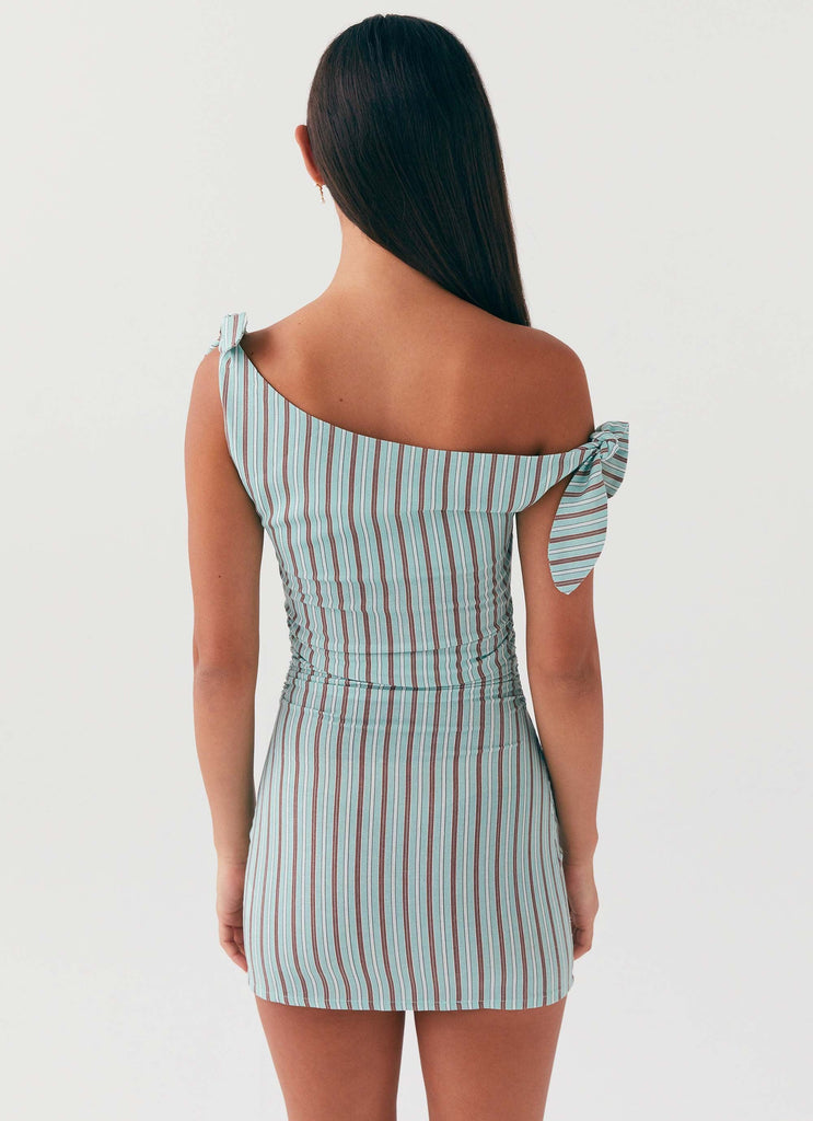 Womens Amazonia Linen Mini Dress in the colour Coastal Stripe in front of a light grey background