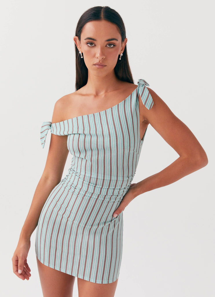 Womens Amazonia Linen Mini Dress in the colour Coastal Stripe in front of a light grey background