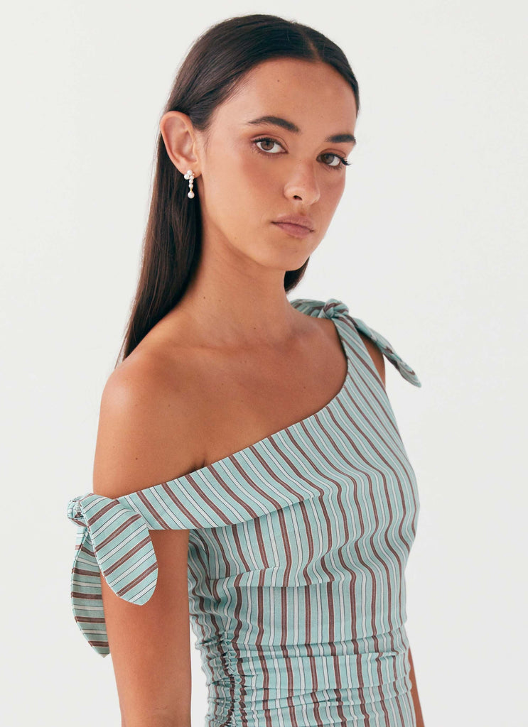 Womens Amazonia Linen Mini Dress in the colour Coastal Stripe in front of a light grey background