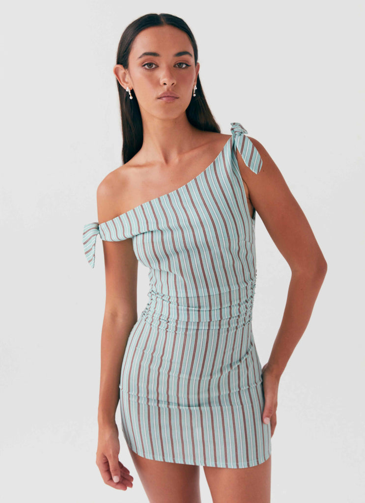 Womens Amazonia Linen Mini Dress in the colour Coastal Stripe in front of a light grey background