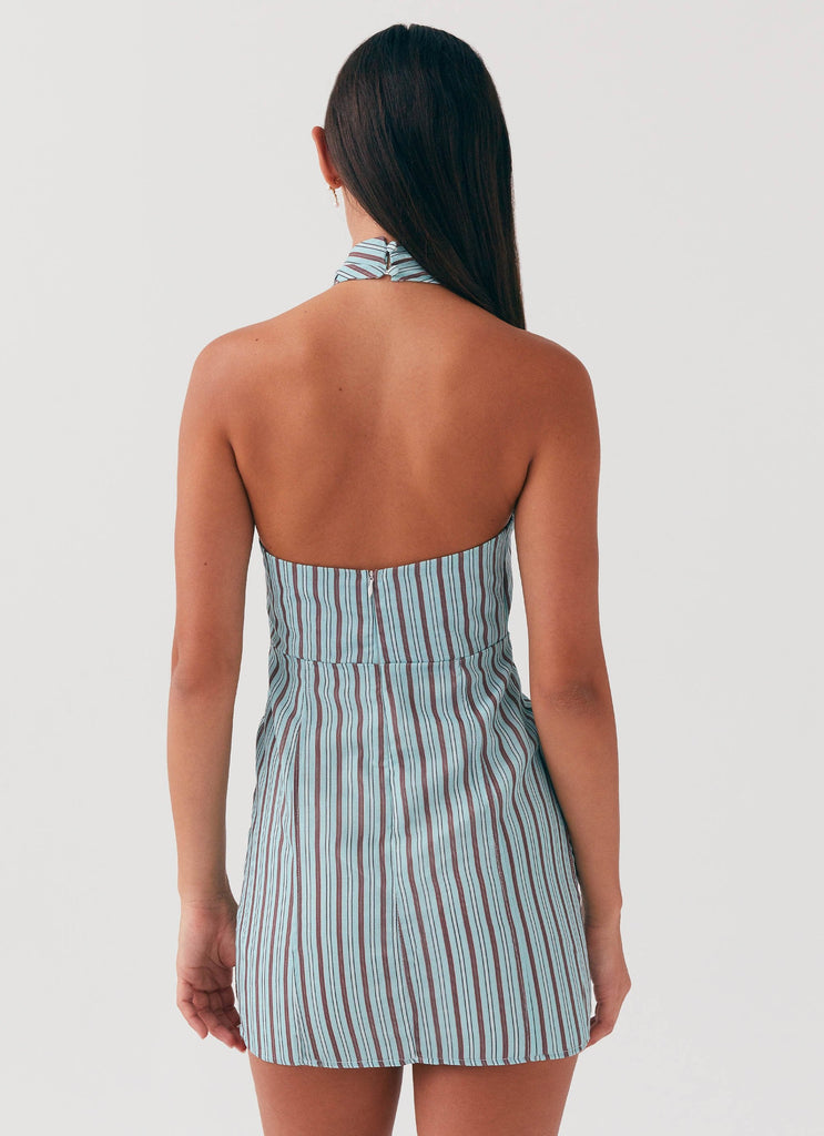 Womens Sabine Linen Mini Dress in the colour Coastal Stripe in front of a light grey background