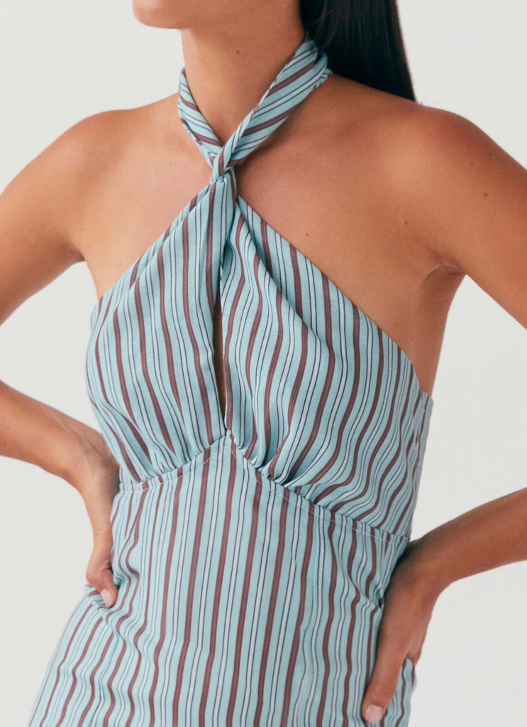 Womens Sabine Linen Mini Dress in the colour Coastal Stripe in front of a light grey background