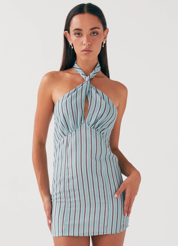 Womens Sabine Linen Mini Dress in the colour Coastal Stripe in front of a light grey background