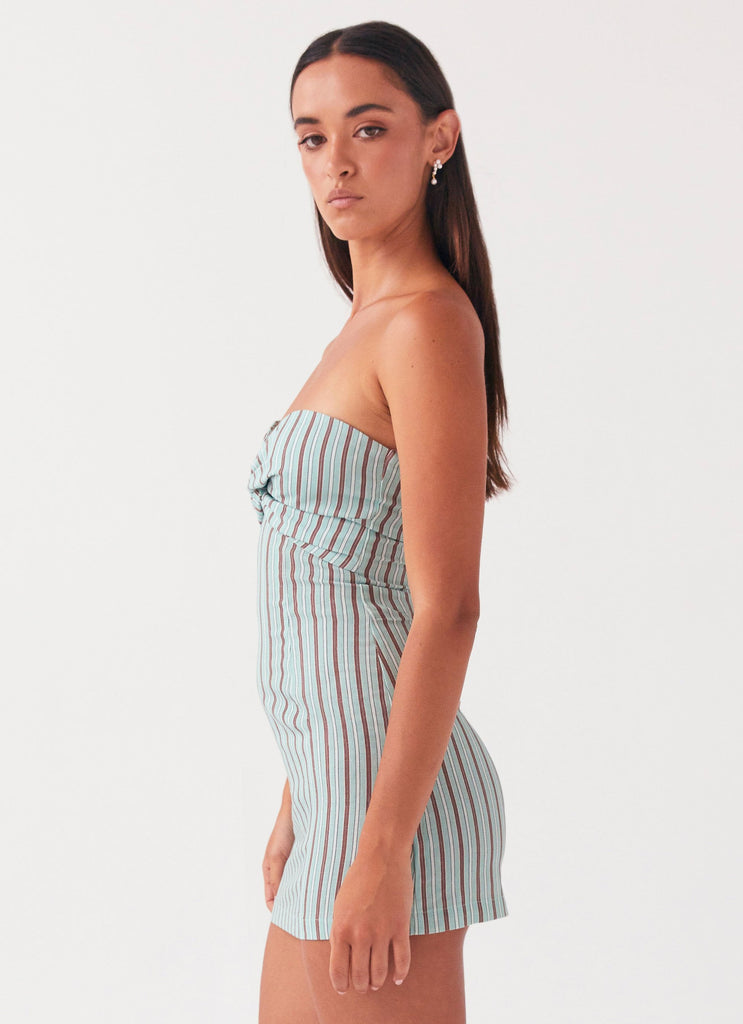 Womens Noline Linen Mini Dress in the colour Coastal Stripe in front of a light grey background