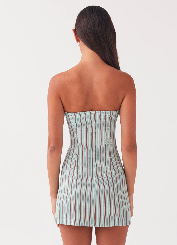 Womens Noline Linen Mini Dress in the colour Coastal Stripe in front of a light grey background