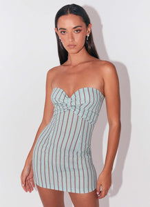 Womens Noline Linen Mini Dress in the colour Coastal Stripe in front of a light grey background