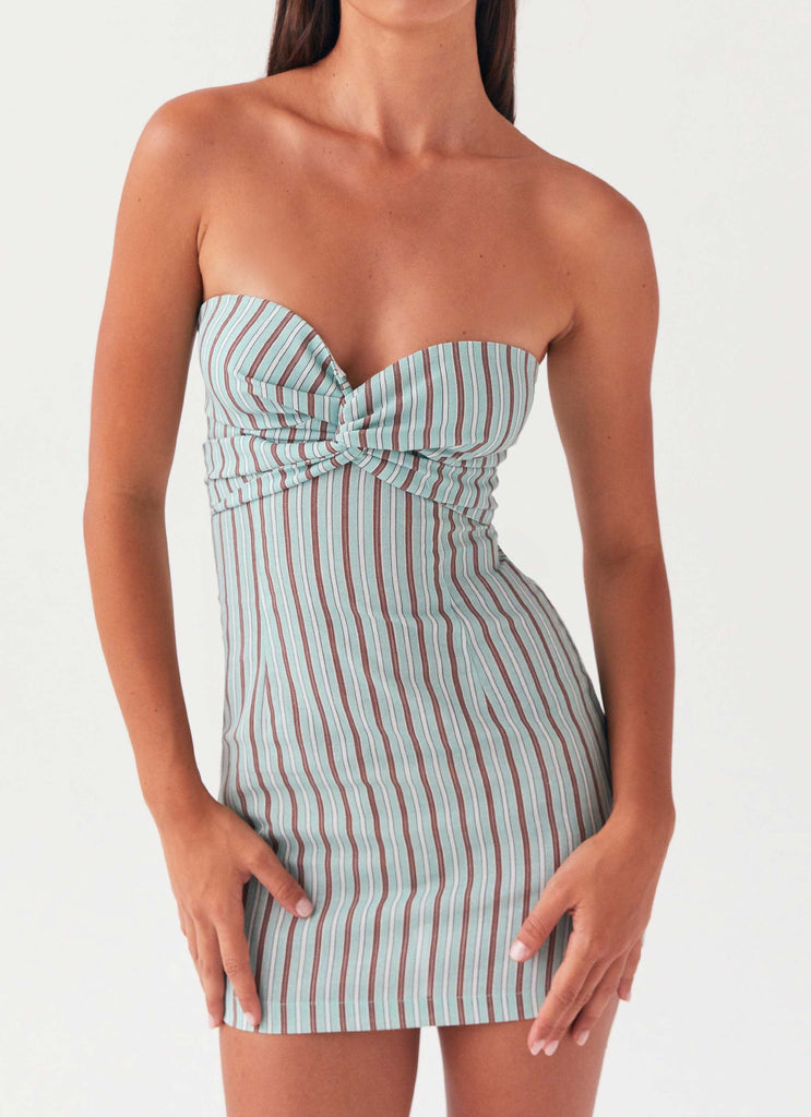 Womens Noline Linen Mini Dress in the colour Coastal Stripe in front of a light grey background