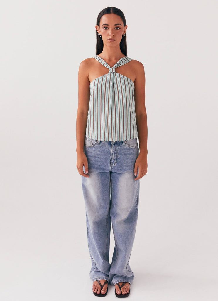 Womens Keira Linen Top in the colour Coastal Stripe in front of a light grey background