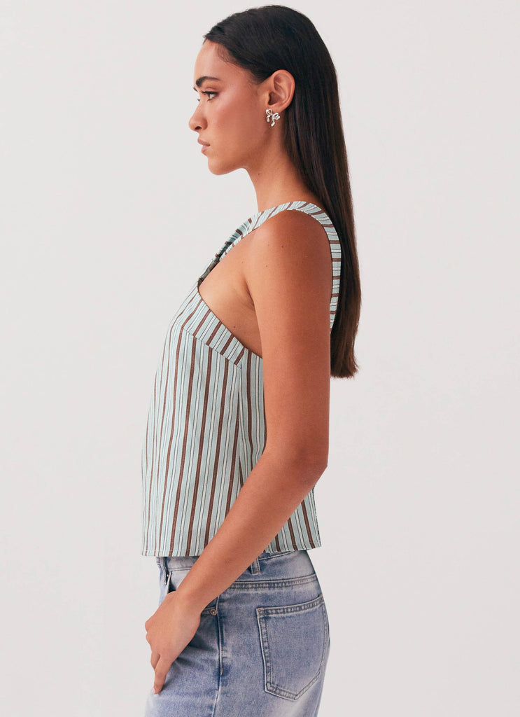 Womens Keira Linen Top in the colour Coastal Stripe in front of a light grey background