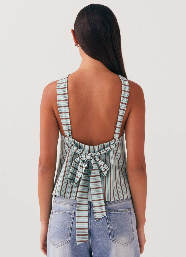 Womens Keira Linen Top in the colour Coastal Stripe in front of a light grey background