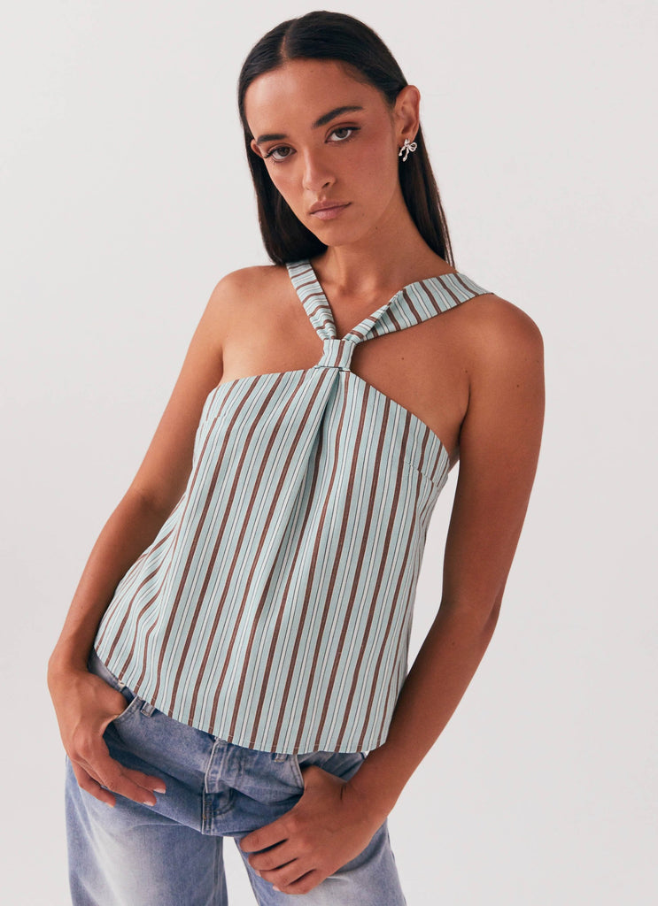 Womens Keira Linen Top in the colour Coastal Stripe in front of a light grey background