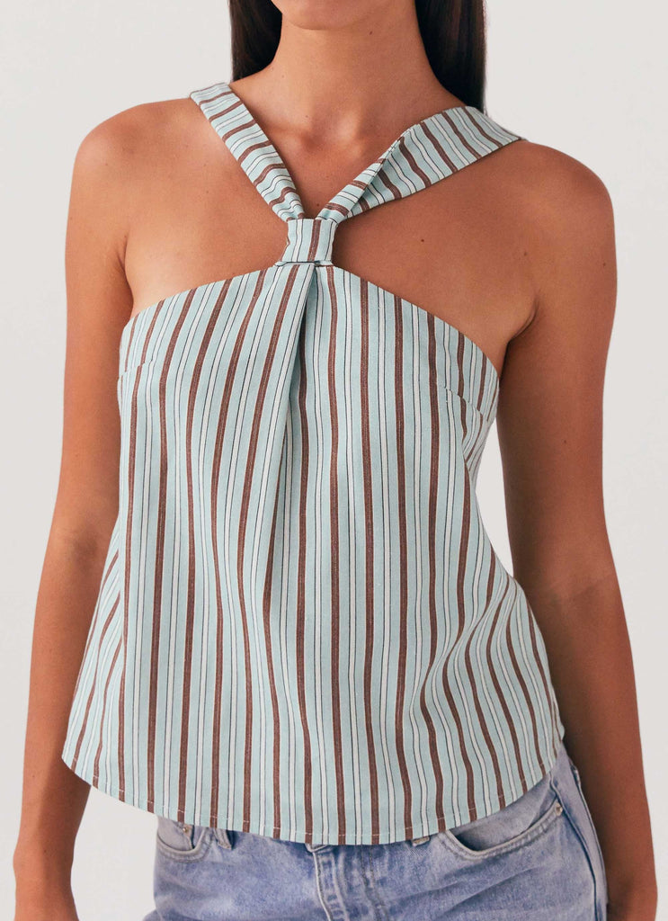 Womens Keira Linen Top in the colour Coastal Stripe in front of a light grey background