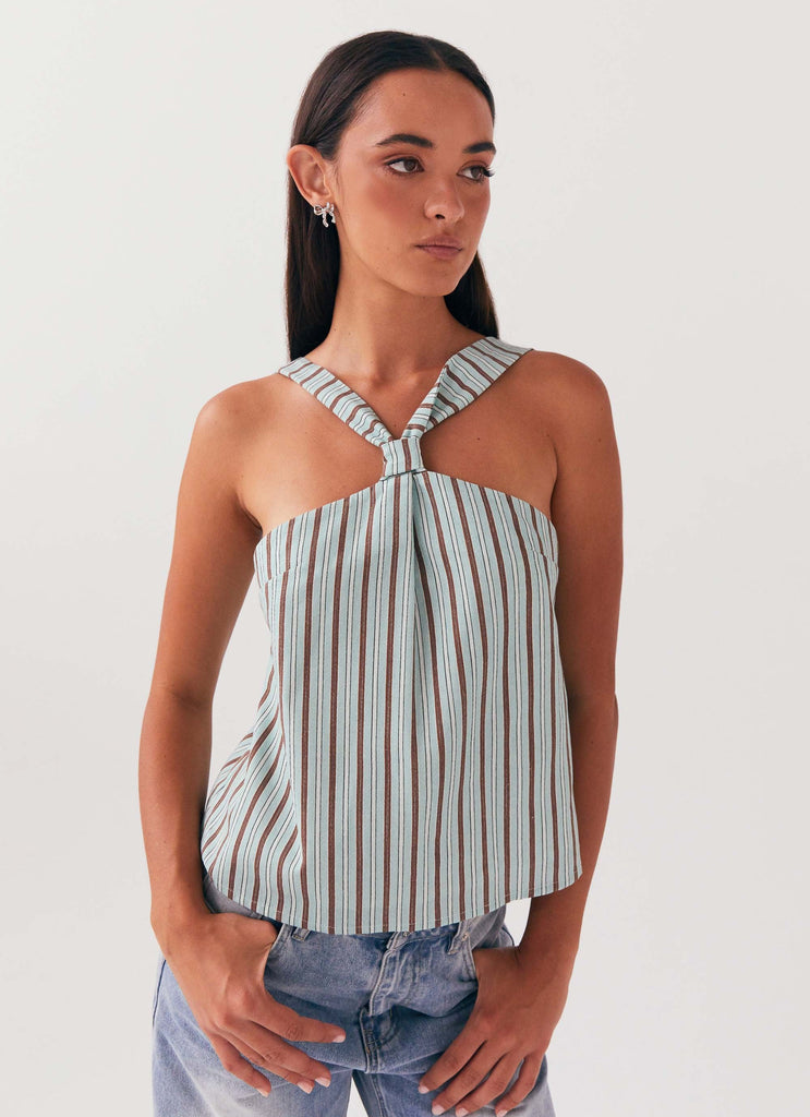 Womens Keira Linen Top in the colour Coastal Stripe in front of a light grey background