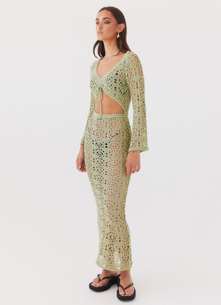 Womens Seaside Soiree Crochet Maxi Dress in the colour Light Olive in front of a light grey background