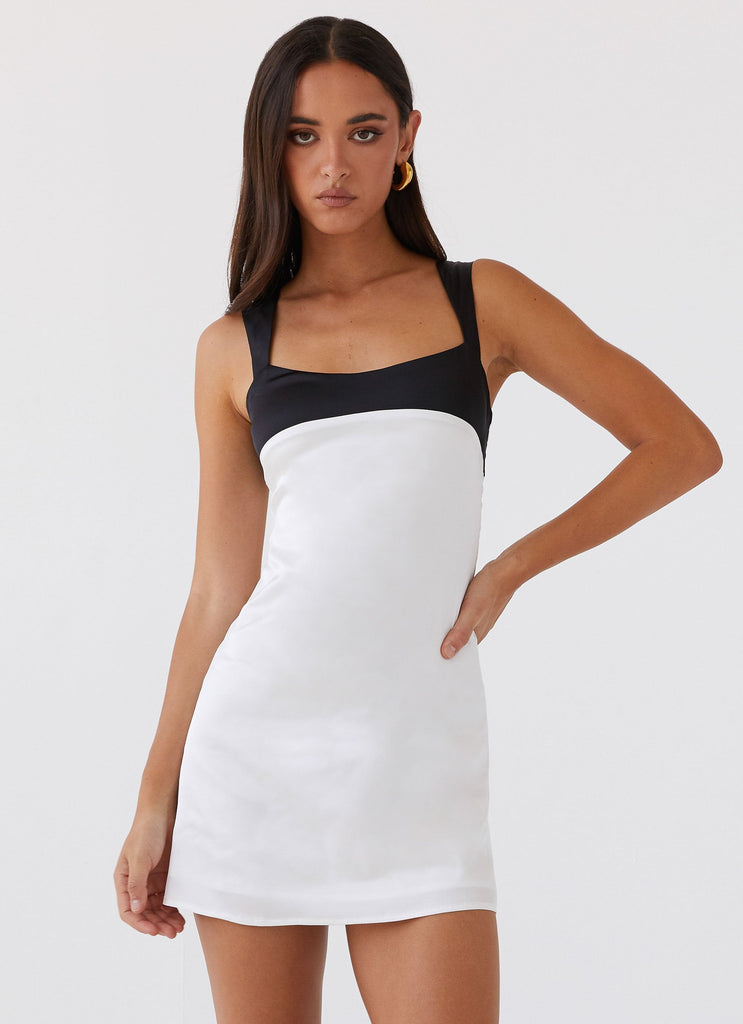 Womens Odette Satin Mini Dress in the colour Noir Pearl in front of a light grey background