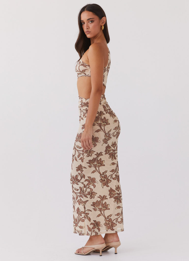 Womens Shadows In The Sun Mesh Maxi Dress in the colour Hazel Bloom in front of a light grey background