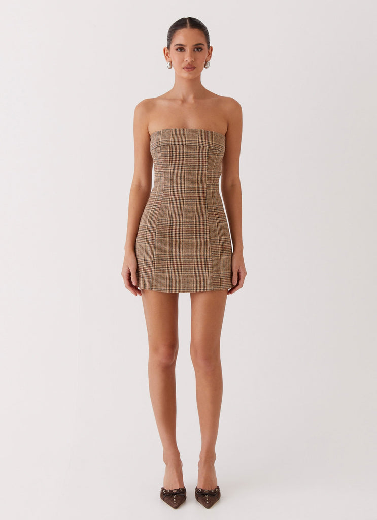 Womens Vivenda Strapless Mini Dress in the colour Brown Plaid in front of a light grey background