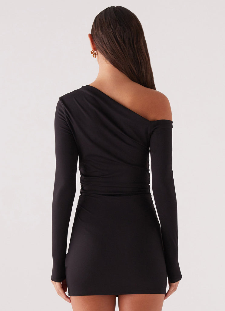 Womens Hailey Off Shoulder Mini Dress in the colour Black in front of a light grey background