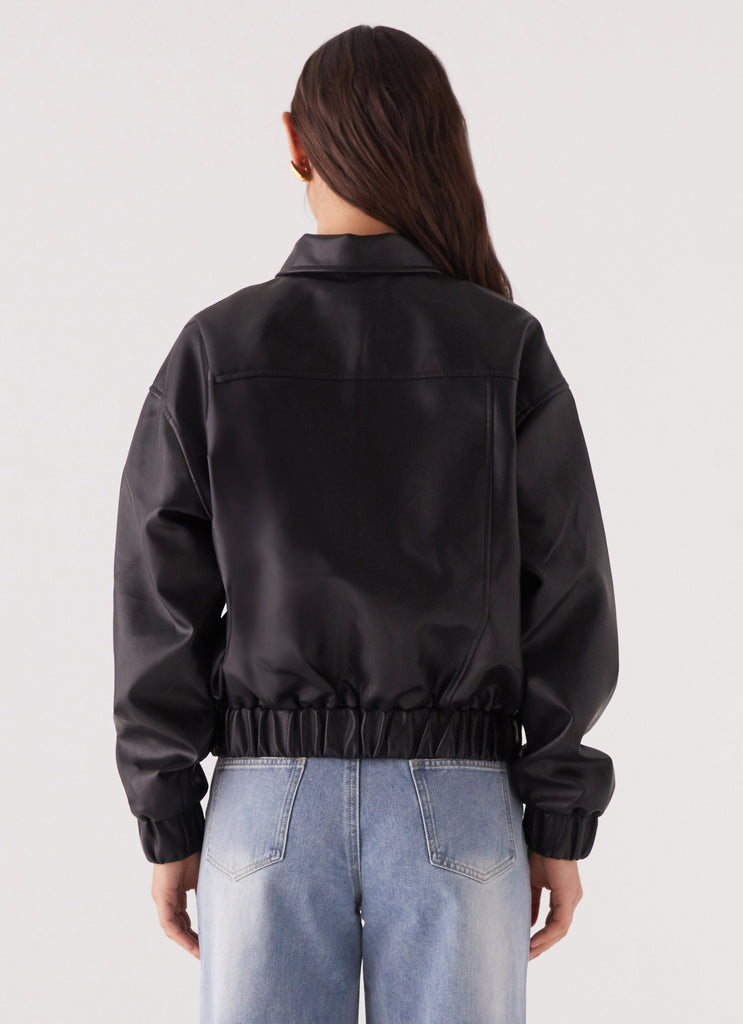 Womens Houghton Oversized Bomber Jacket in the colour Black in front of a light grey background