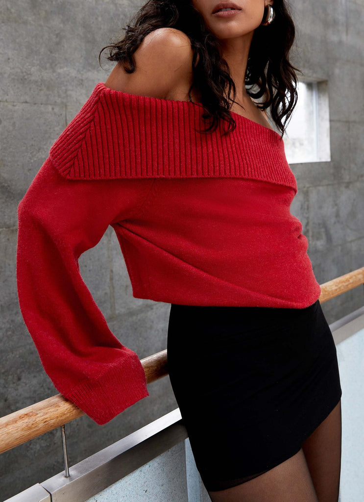 Womens Bardot Knit Long Sleeve Top in the colour Cherry in front of a light grey background