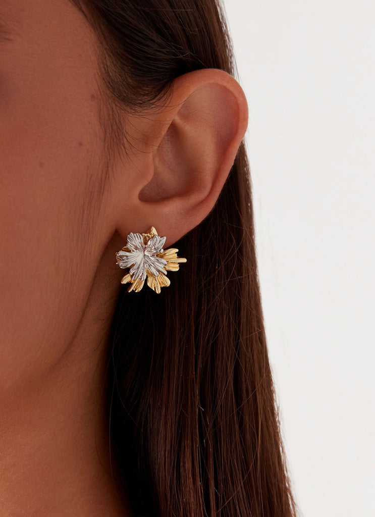 Womens Wildfire Statement Earrings in the colour Gold/Silver in front of a light grey background