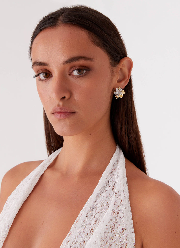 Womens Wildfire Statement Earrings in the colour Gold/Silver in front of a light grey background