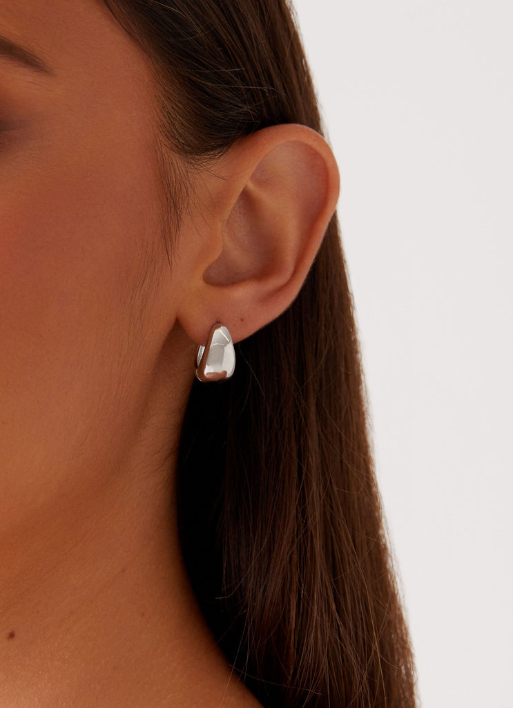 Womens Dome Teardrop Earrings in the colour Silver in front of a light grey background